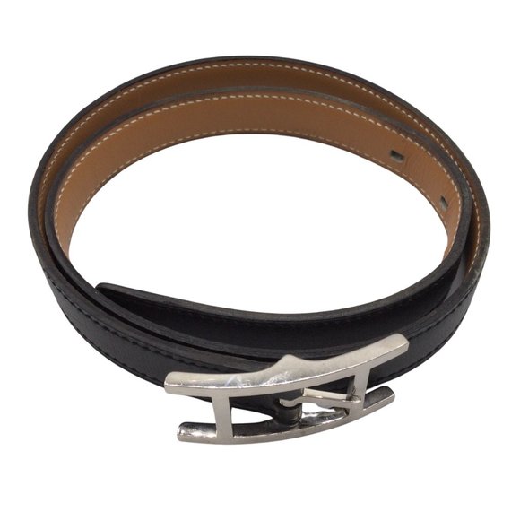 Hermès Black / Silver Signature H Buckle Thin Leather Belt - Picture 4 of 10